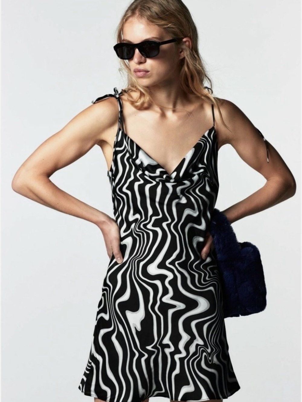 Zara Black & White Swirl Cowl Slip Dress